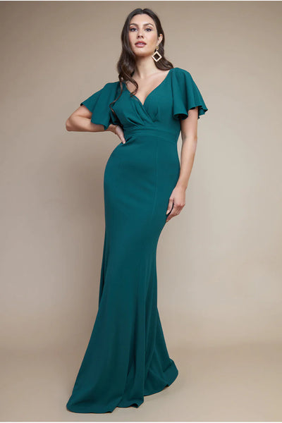 Goddiva Flared Sleeve Front Wrap Maxi Dress - Emerald Green
