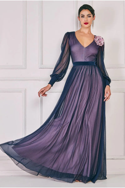 Goddiva Corsage V-neck Dobby Mesh Maxi - Blue