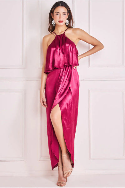 Goddiva Satin Viscose Front Wrap Midi - Burgundy