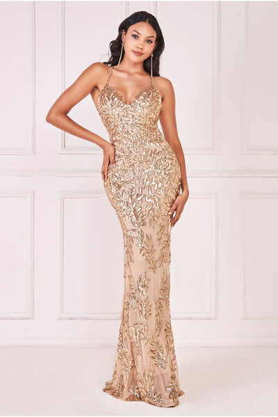 Goddiva Cross Back Diamante Strap Sequin Maxi - Gold