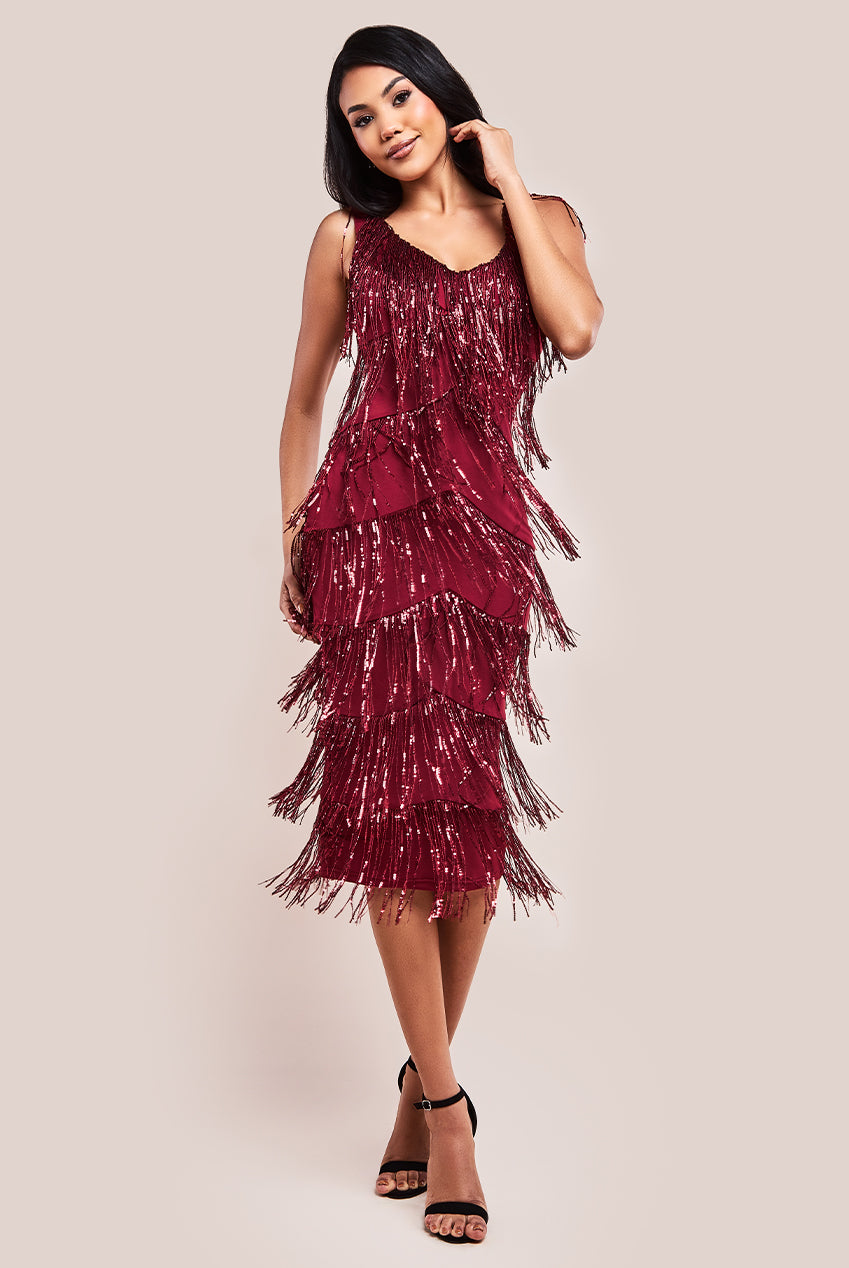 Goddiva Sequin Tassel Flapper Midi Dress - Wine