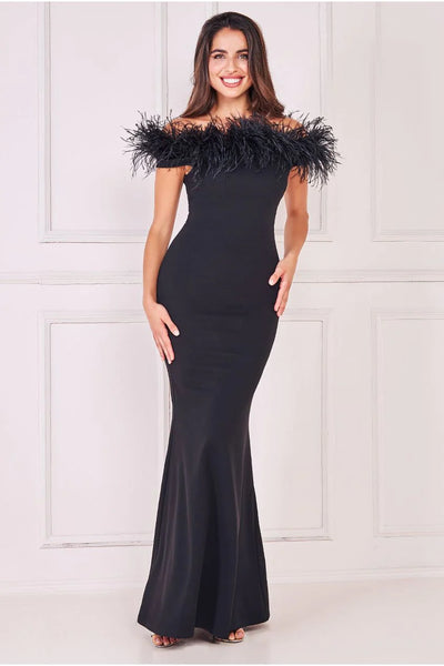 Goddiva Scuba Off The Shoulder Feather Trim Maxi - Black