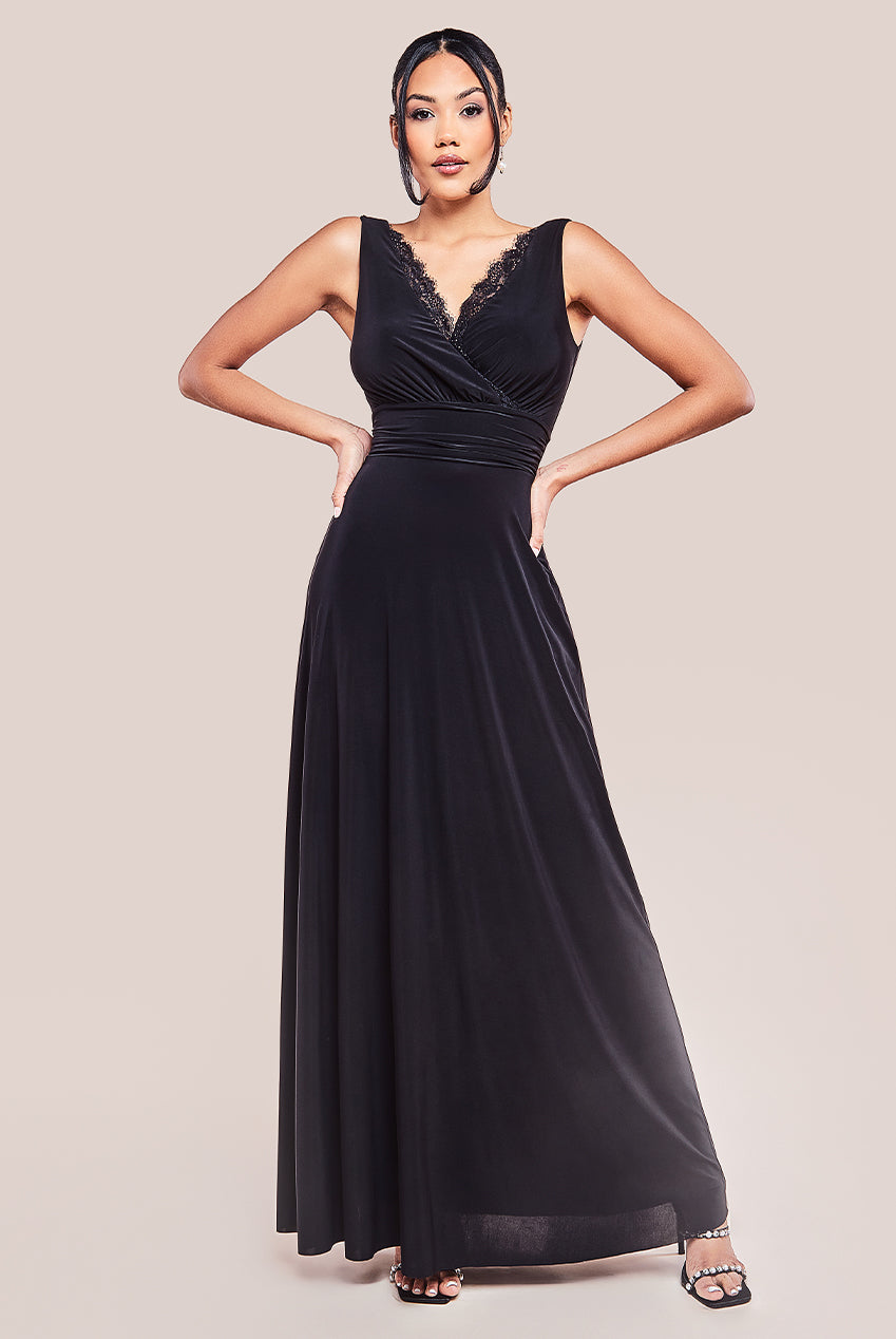 Goddiva Diamante & Scalloped Lace Neck Maxi Dress - Black