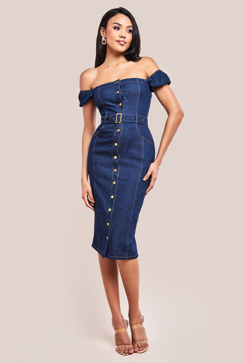 Image of Goddiva Denim Button Down Bodycon Bardot Midaxi Dress - Navy Denim