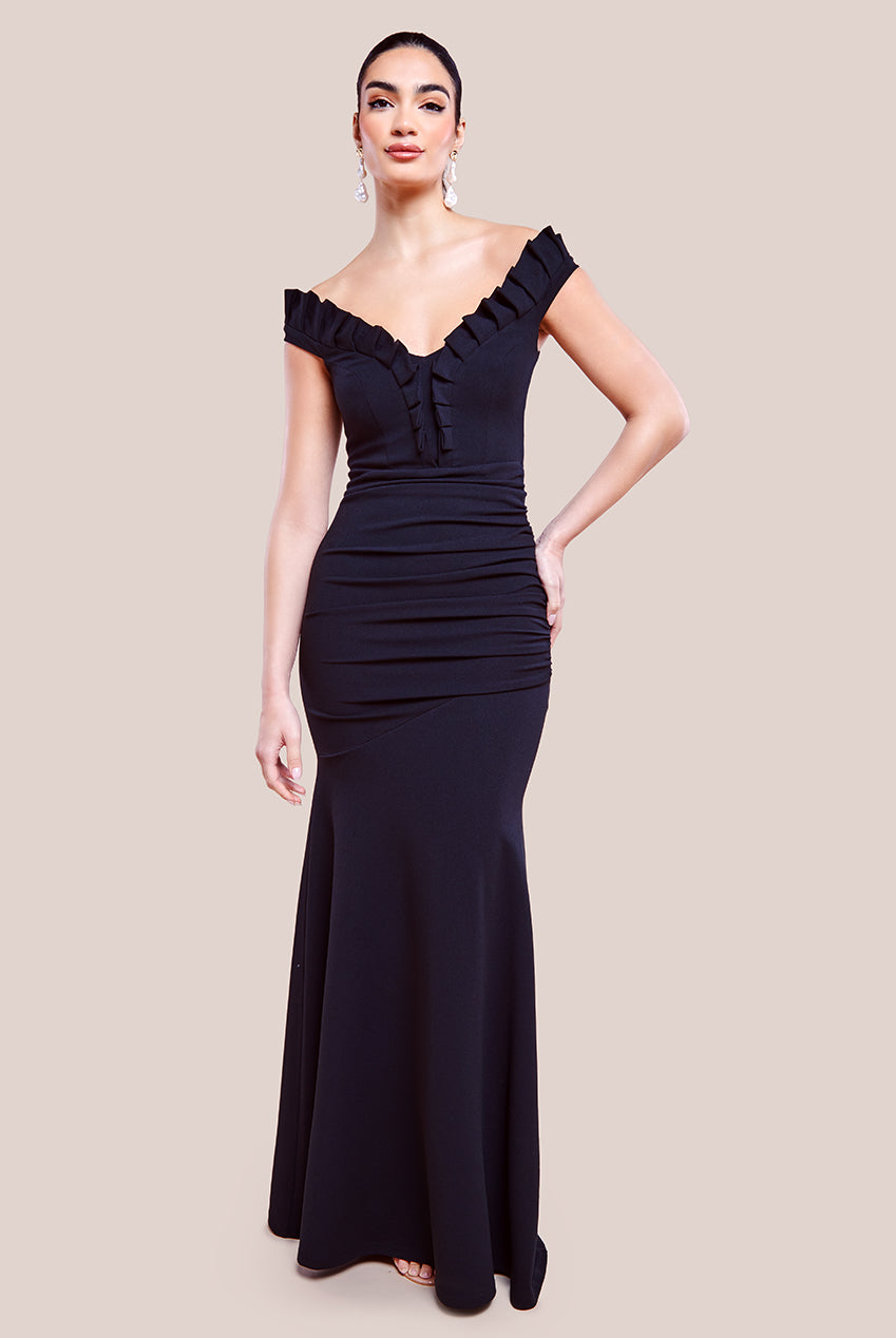 Image of Goddiva Off The Shoulder Frill Gathered Maxi Dress - Black