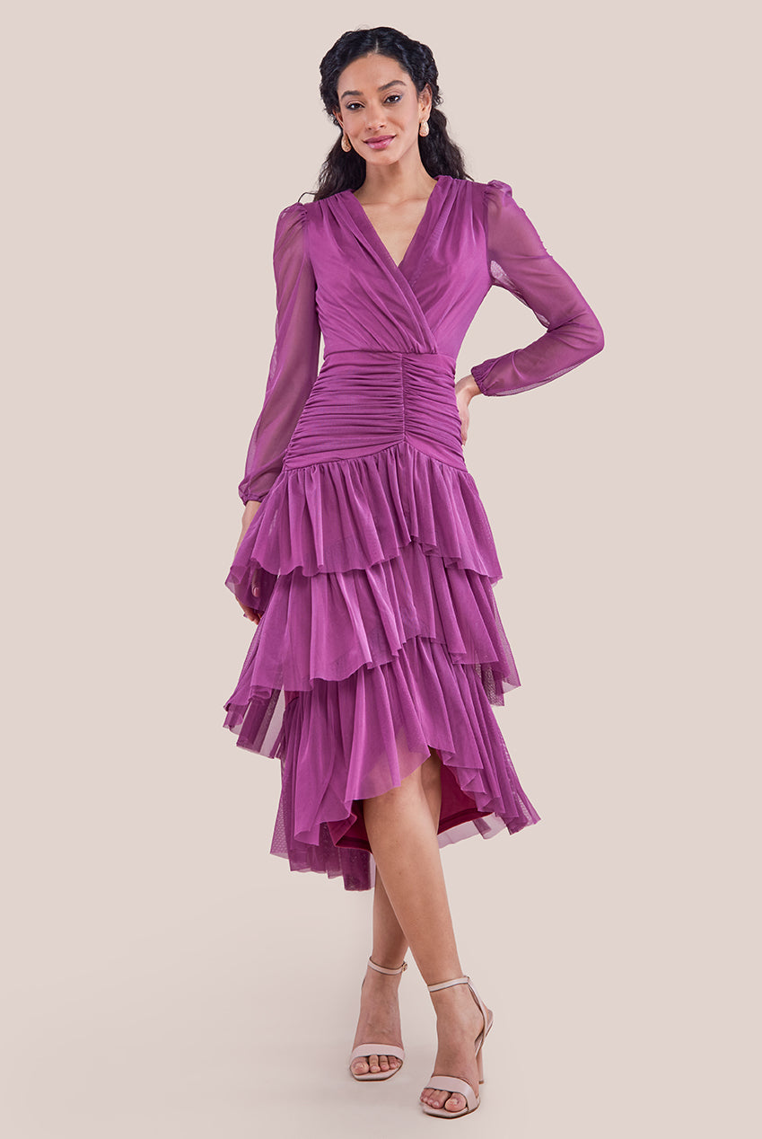 Goddiva Gathered High & Low Tiered Maxi Dress - Berry