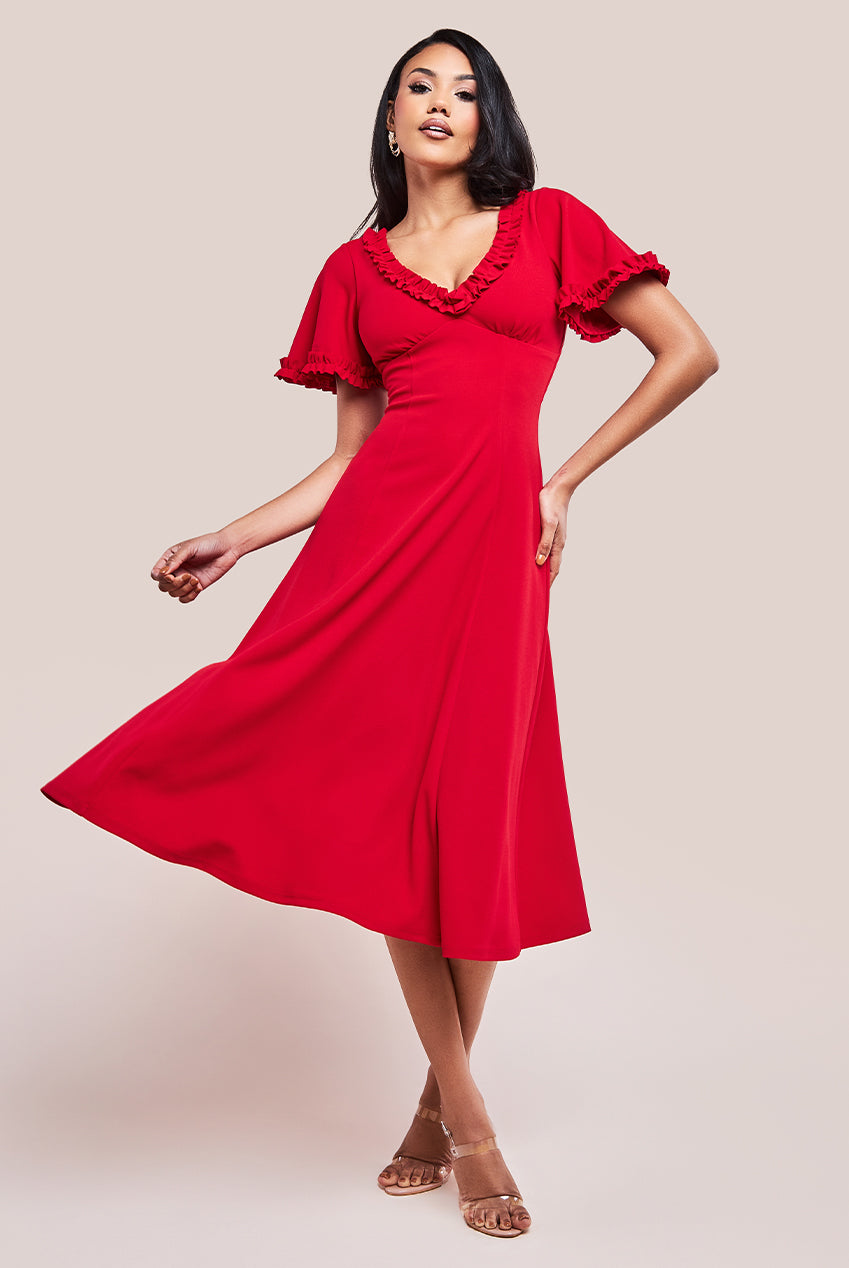 Goddiva Flare Sleeve Frill Edge Midi Dress - Red