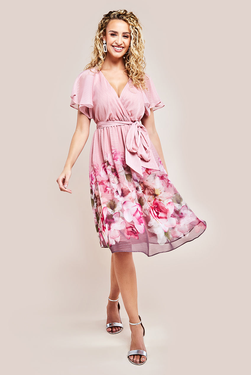 Goddiva Chiffon Wrap Floral Skirt Midi Dress - Blush