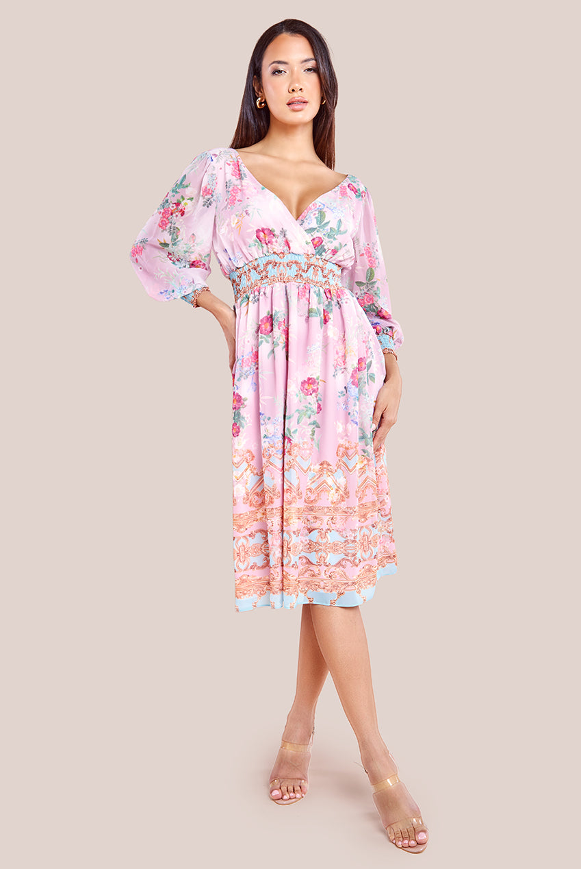 Goddiva Chiffon Wrap Border Floral Print Midi Dress - Pink