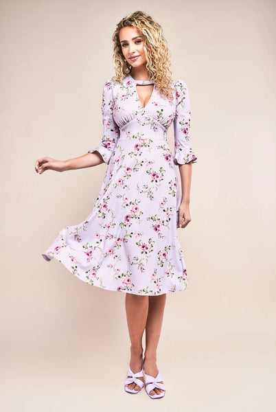 Goddiva Floral Printed Flared Sleeve Midi - Lilac