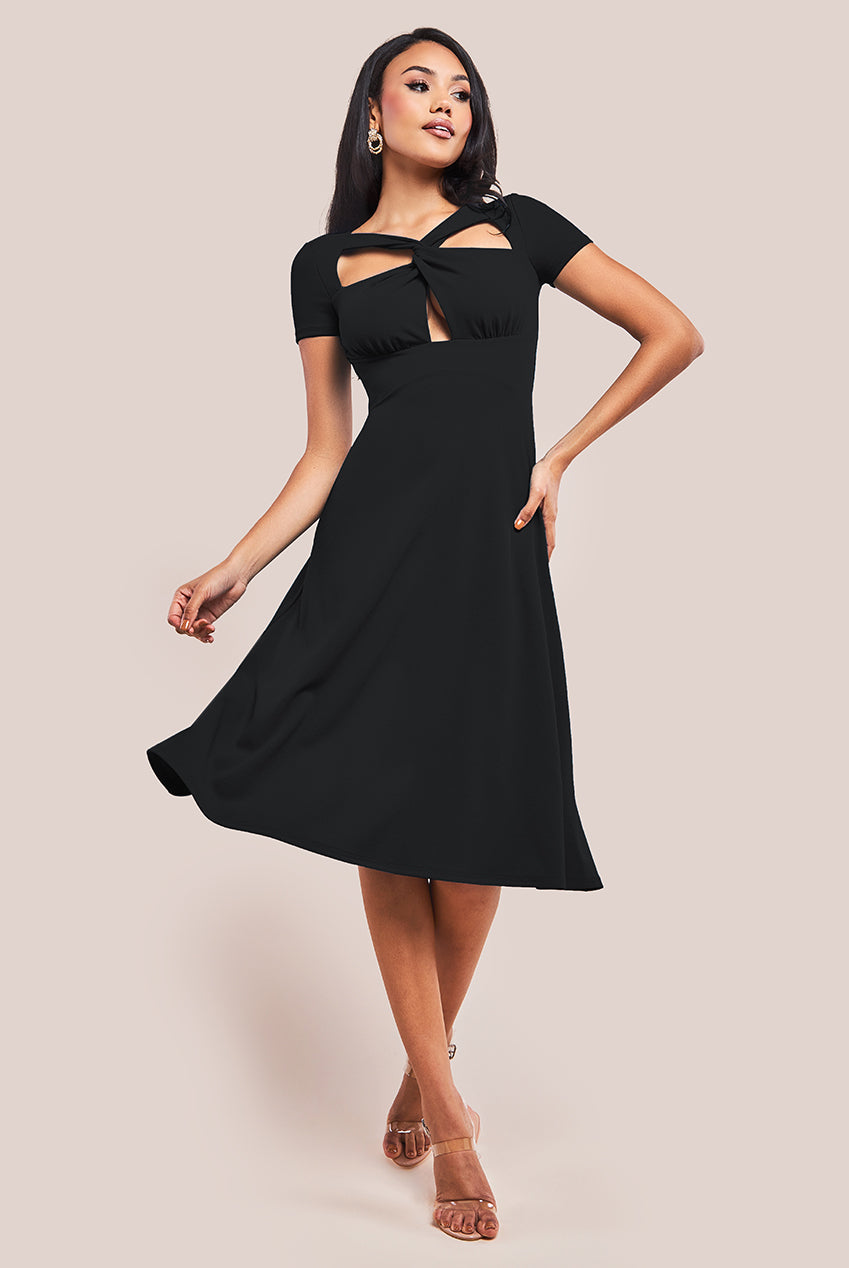 Image of Goddiva Scuba Crepe Twist Cutout Midi Dress - Black