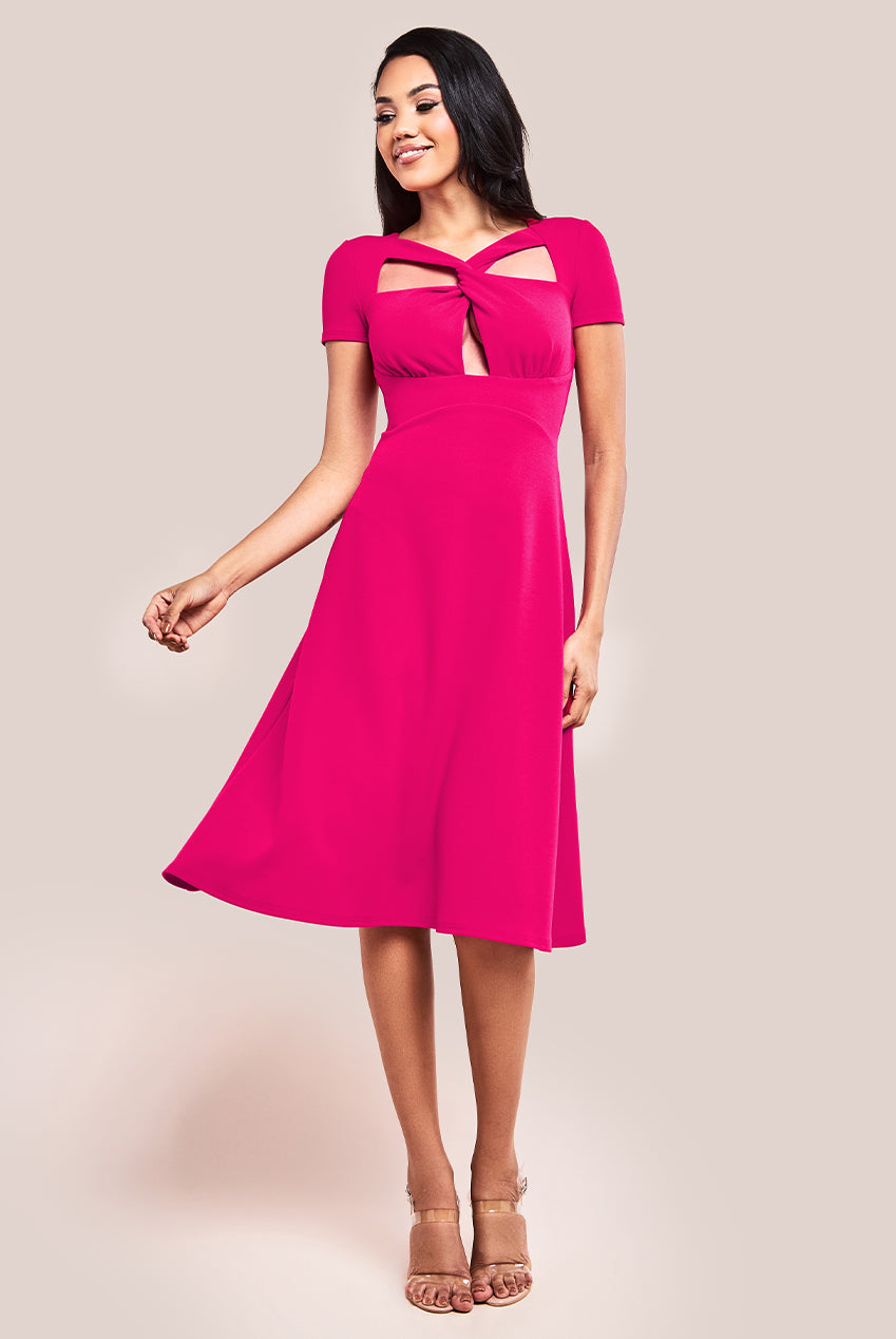 Image of Goddiva Scuba Crepe Twist Cutout Midi Dress - Hot Pink