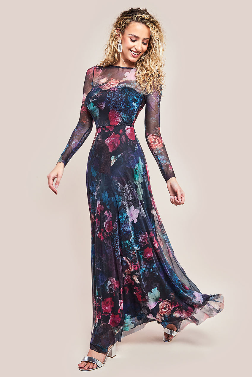 Goddiva Printed Soft Mesh A-Line Maxi Dress - Black