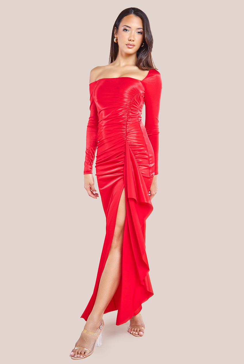 Goddiva Slinky Satin One Shoulder Split Maxi Dress - Red