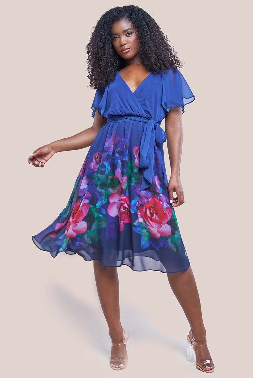 Goddiva Chiffon Floral Border Print Midi Dress - Navy