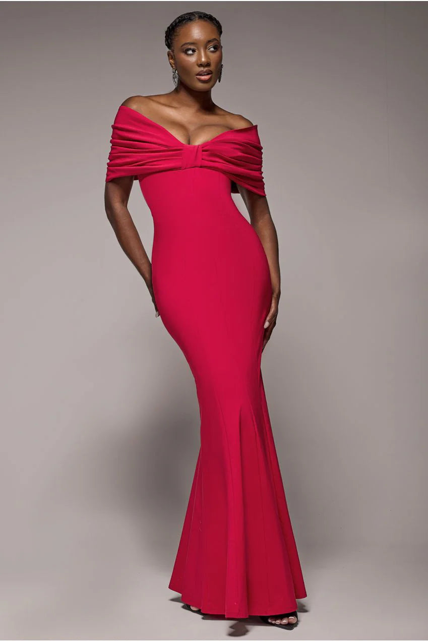 Red Bardot bow maxi dress