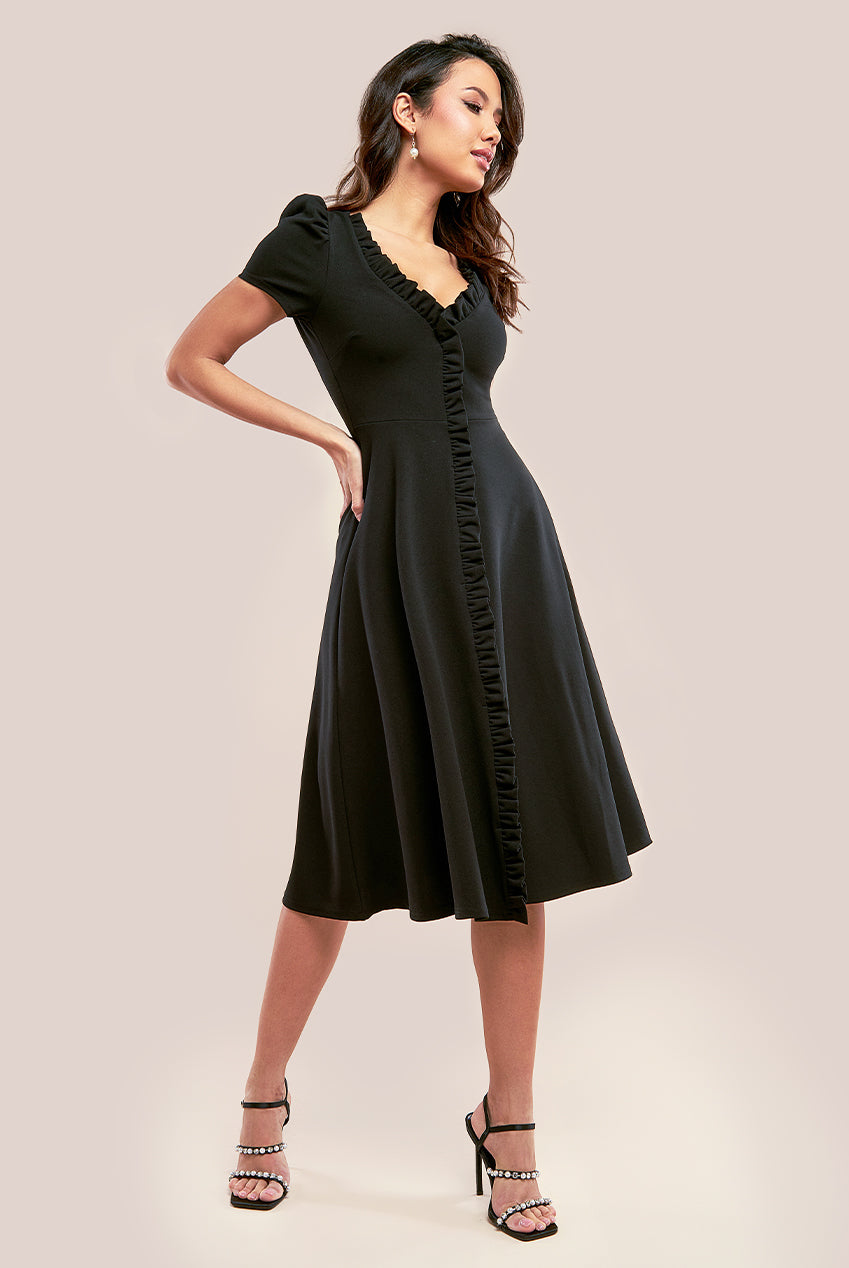 Goddiva Front Frill Flared Scuba Midi Dress - Black