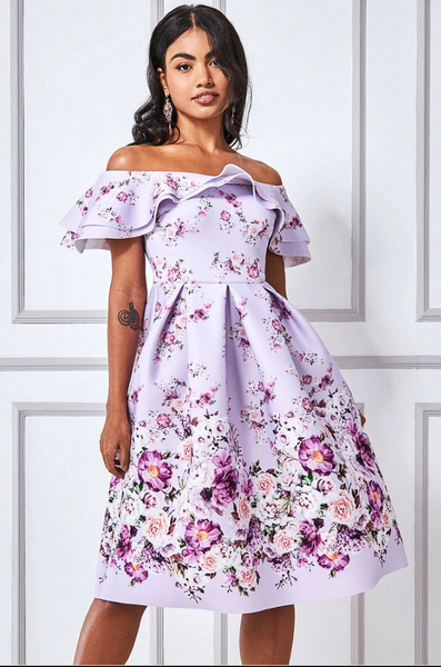 Goddiva Off The Shoulder Floral Ombre Midi Lilac 