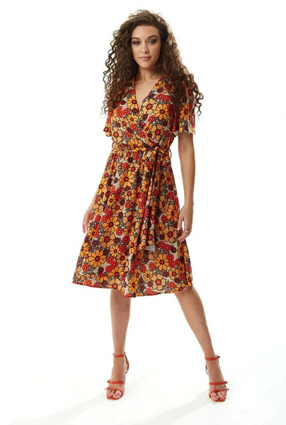 Liquorish Floral Print Midi Wrap Dress In Orange And Red