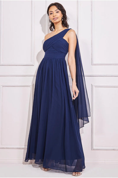 Goddiva One Shoulder Pleated Chiffon Scarf Maxi - Navy