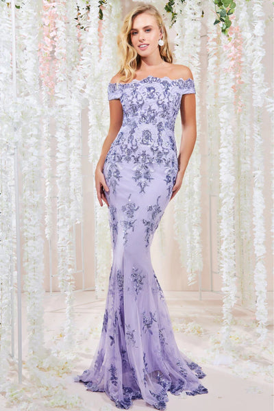 Goddiva bardot sequin embroidered maxi dress - lilac