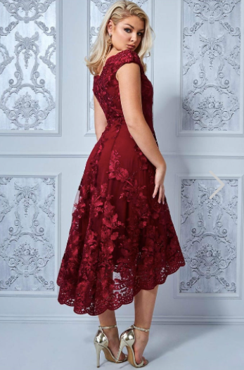 Embroidered Lace Midi Dress with Asymmetrical Hem 
