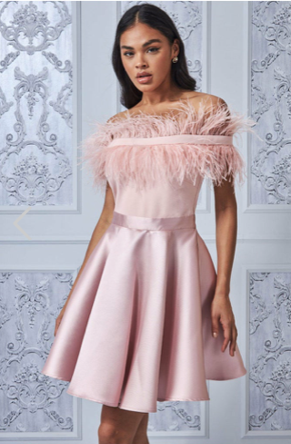 Goddiva Off the Shoulder Feather Mini Dress - blush