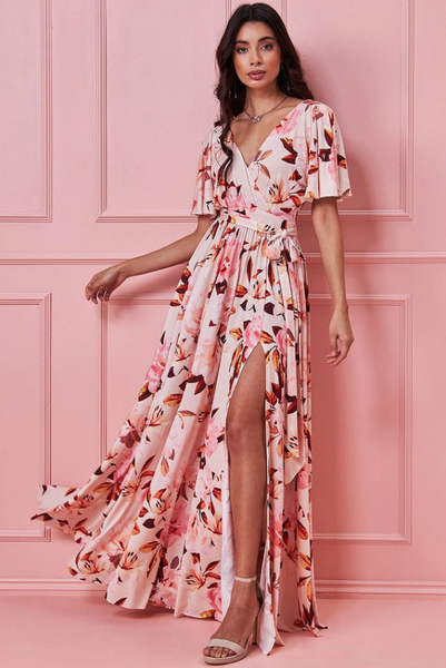 Goddiva Floral Print Maxi With Flutter Sleeves Peach Floral 