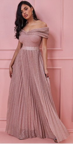 Goddiva Bardot Pleated Skirt Maxi Dress - blush 
