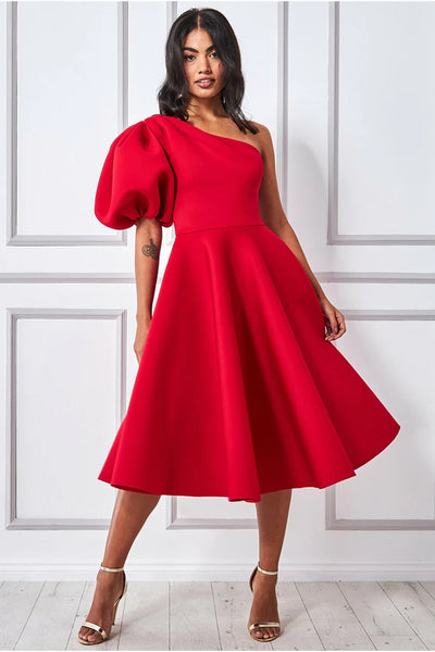 Goddiva puffy one shoulder midi dress – red