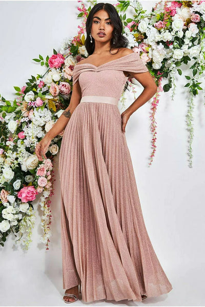 Goddiva bardot pleated skirt maxi dress – blush