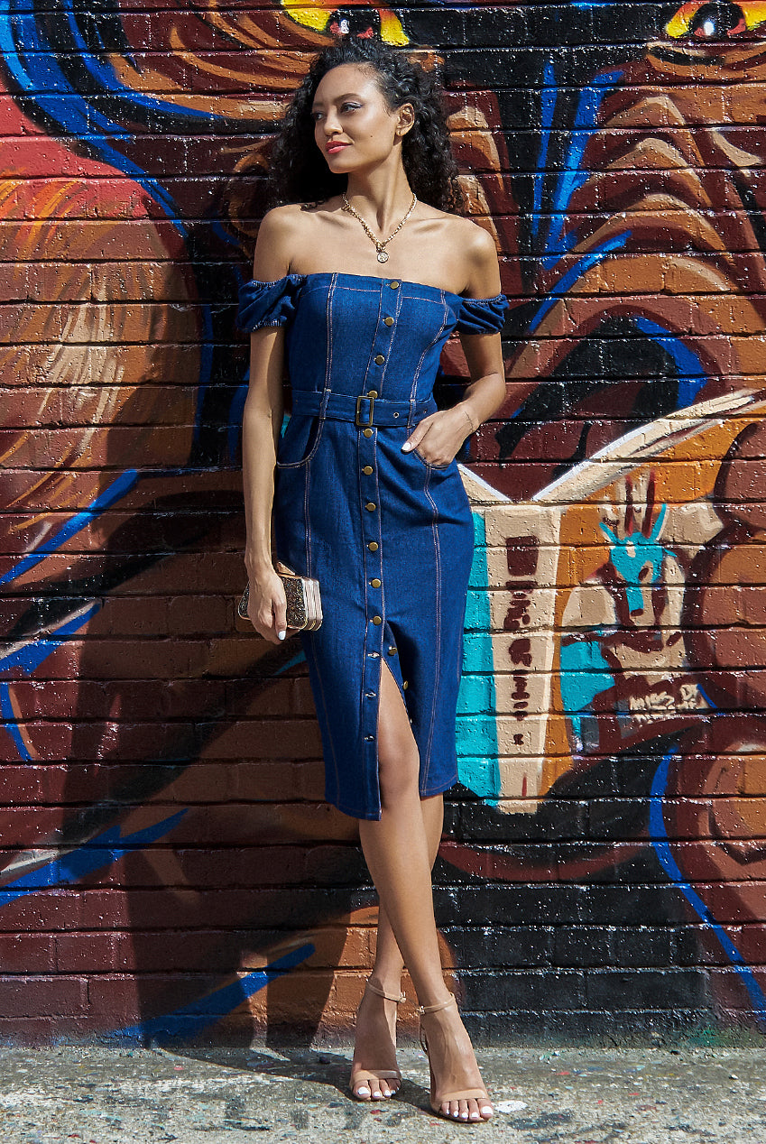 Image of Goddiva Denim Button Down Bodycon Bardot Midaxi Dress - Navy Denim