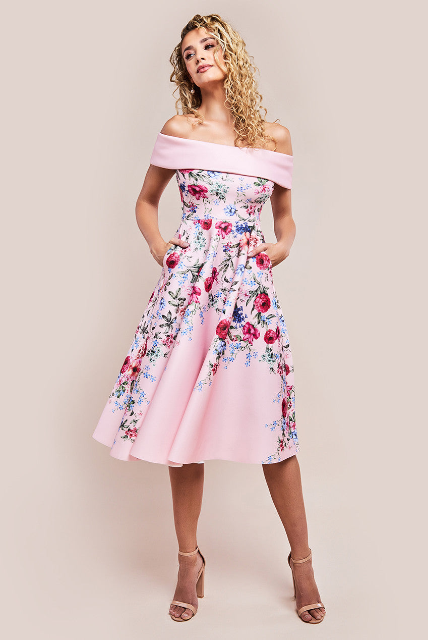 Goddiva Scuba Foam Floral Bardot Midi Dress - Blush