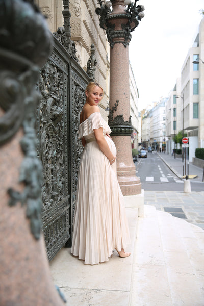 Goddiva Pleated Chiffon Off Shoulder Maxi Dress - Ivory