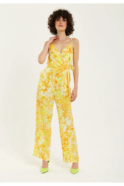 Liquorish Yellow And Orange Floral Print V-neck Jumpsuit