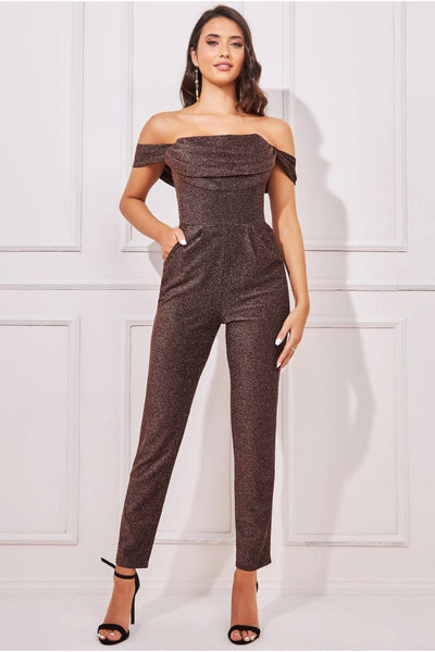 Goddiva Lurex Cowl Neck Jumpsuit - Bronze