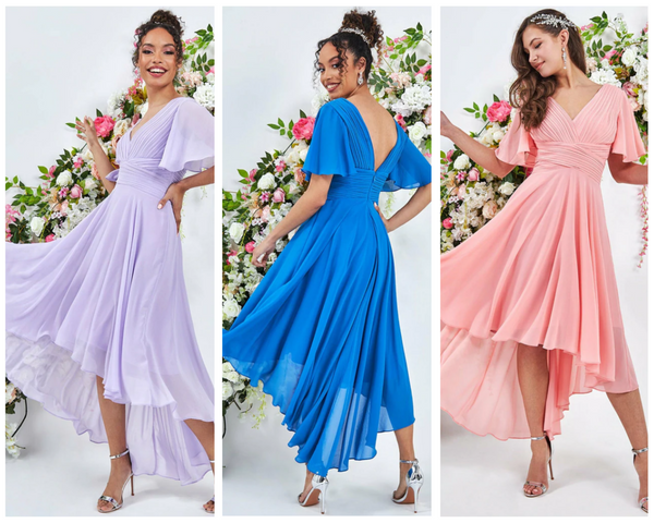 Goddiva Pleated Chiffon High Low Midi Dress 