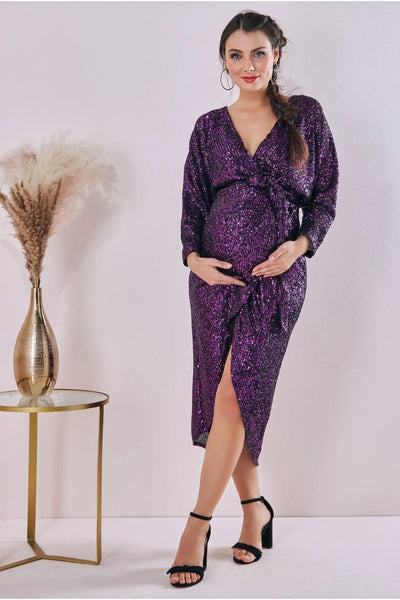 Goddiva Maternity Wrap Sequin Midi Purple