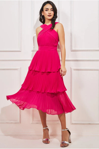 Goddiva Pleated Bodice Chiffon Tiered Midi - Hotpink