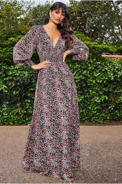 Goddiva long sleeve maxi shirred waistband – floral print