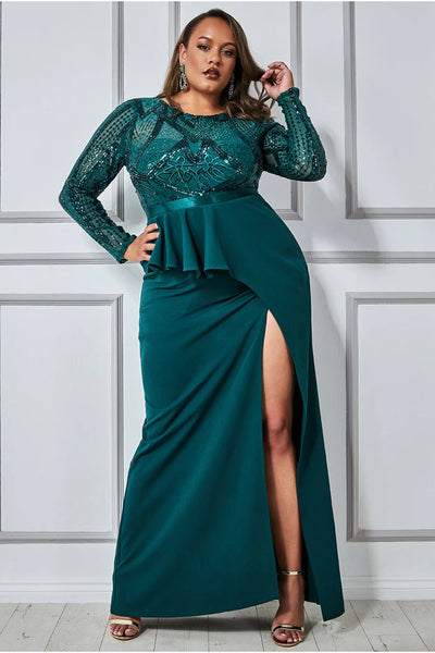 Goddiva plus sequin bodice with front frill maxi – emerald