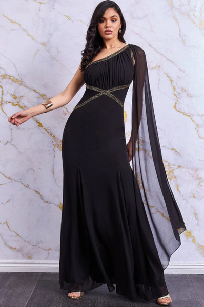 Danaya Embellished One Shoulder Grecian Maxi Dress 