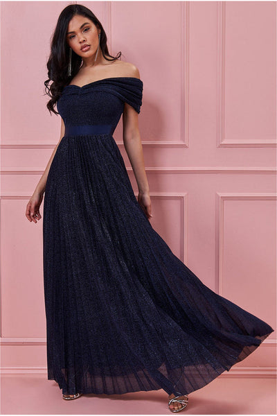 Navy Bardot Pleated Skirt Maxi Dress