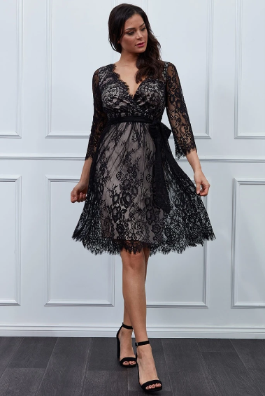 GODDIVA - LACE V-NECK MIDI DRESS - BLACK