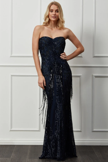 GODDIVA SWEETHEART SEQUIN FRINGE MAXI DRESS - NAVY