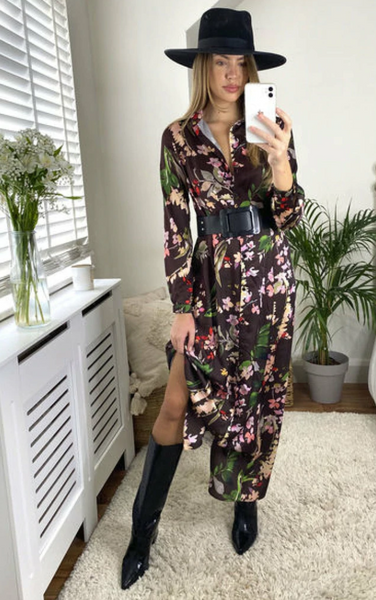 Love and Joy London Flower Print Belted Maxi Dress In Brown