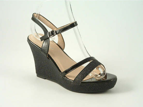 Glitz Shoes Divine High Heel Glitter Wedge Black Sandal 