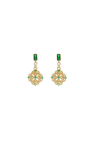 White leaf filigree earring in gold and green cubic zirconia