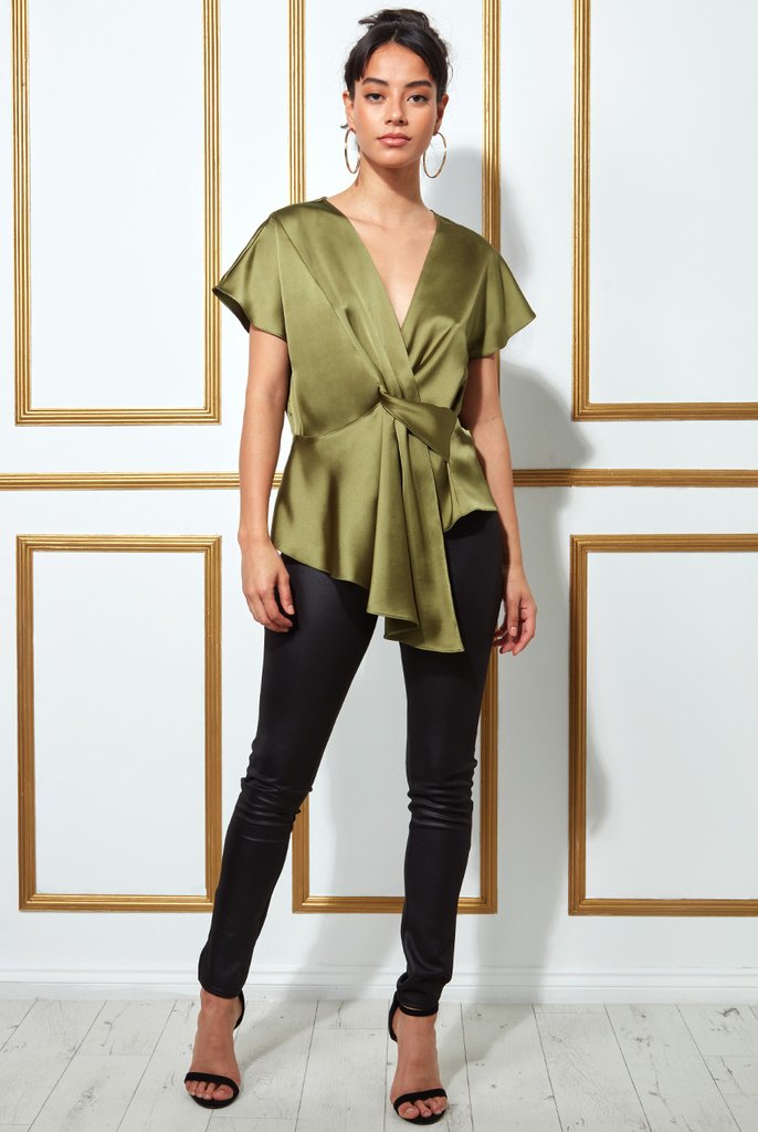 GODDIVA SATIN KNOT FRONT TOP - KHAKI