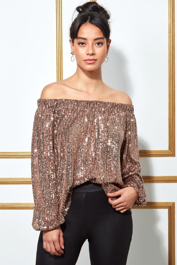 ODDIVA BARDOT SEQUIN CROP TOP WITH CUFFED SLEEVES - CHAMPAGNE